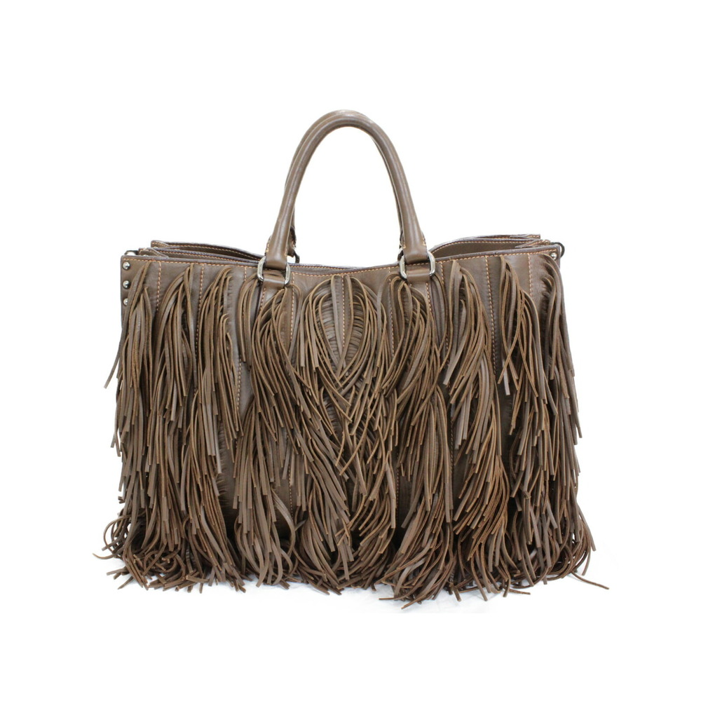 PRADA Fringe Bag Brown Leather Handbag Mothers - Picture 2 of 7